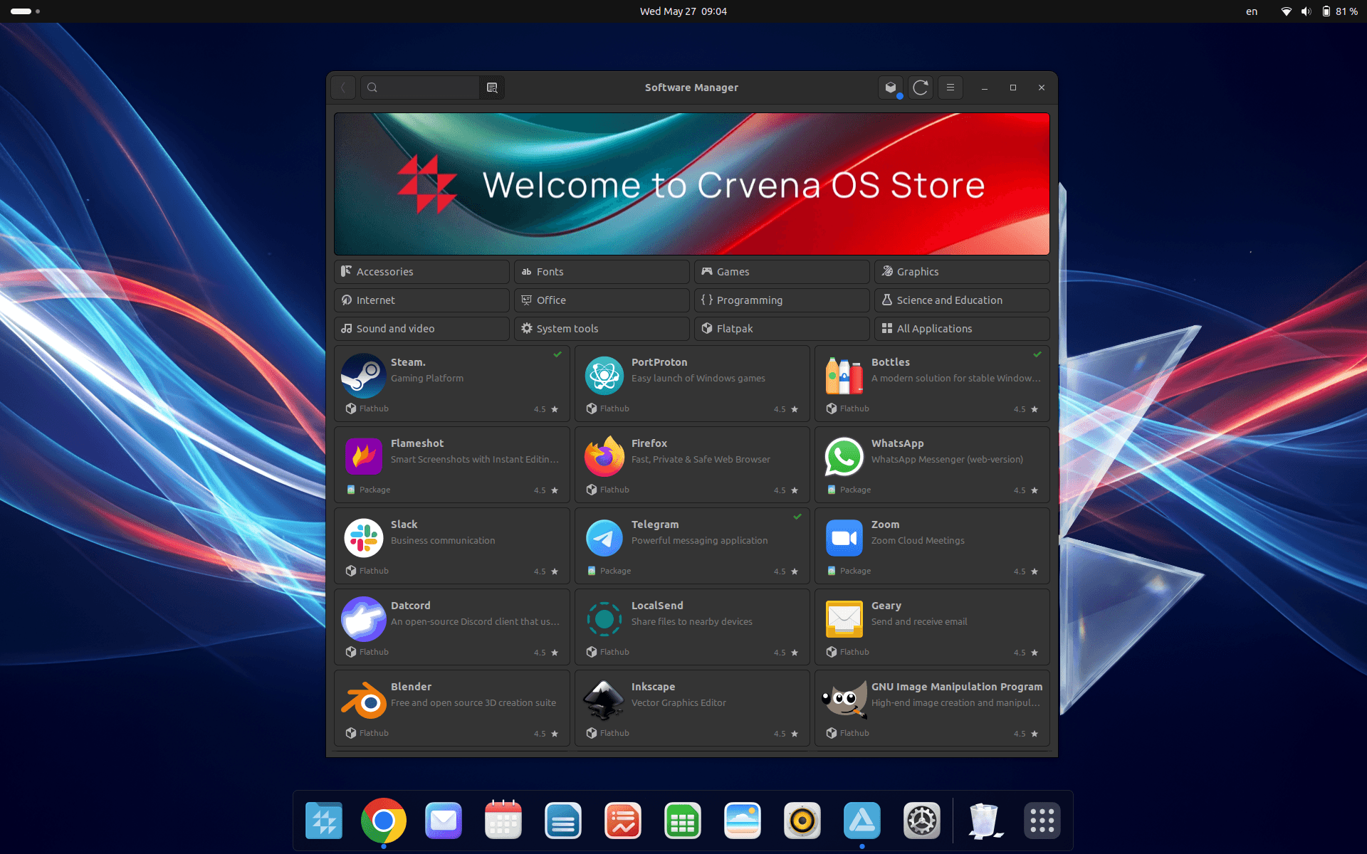 CrvenaOS software manager with available applications